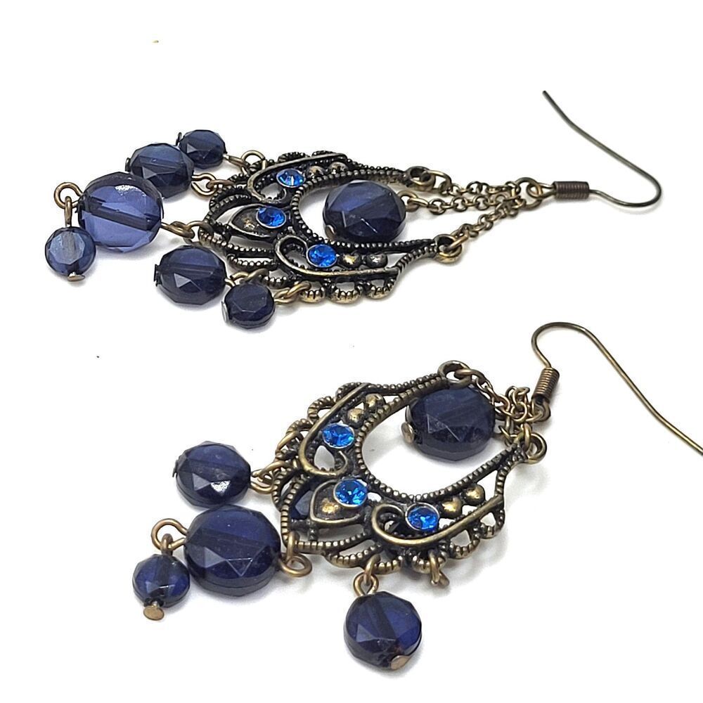Vintage Y2K Bohemian Blue Bronze Fairy Chandelier Earrings 3.5in